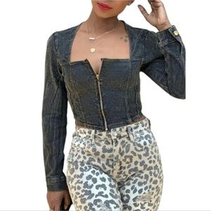 Novelty Wash Denim Blue Square Neck Puff Sleeve Jacket/Crop Top, EUC